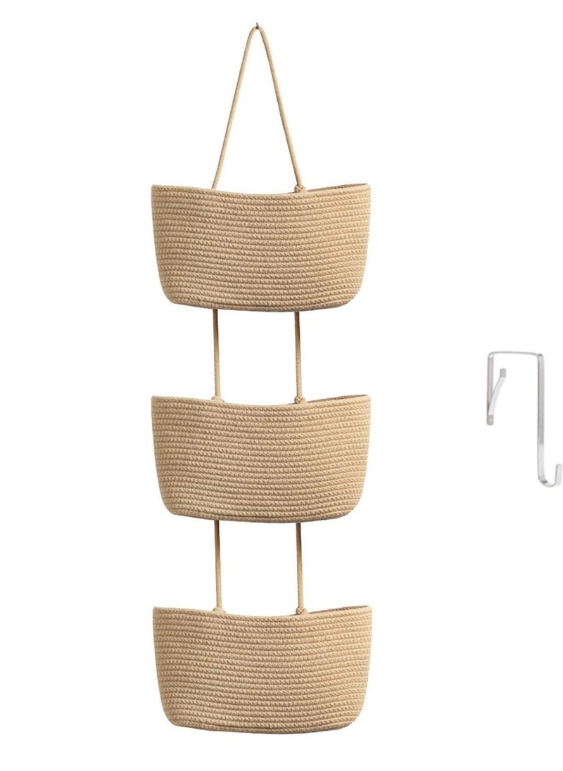 Y&D 3-Tier Woven Cotton Over the Door Hanging Basket, Decorative Wall-Mounted Storage Organizer Bag for Kitchen, Stylish and Functional Jute Baskets  - Image 1