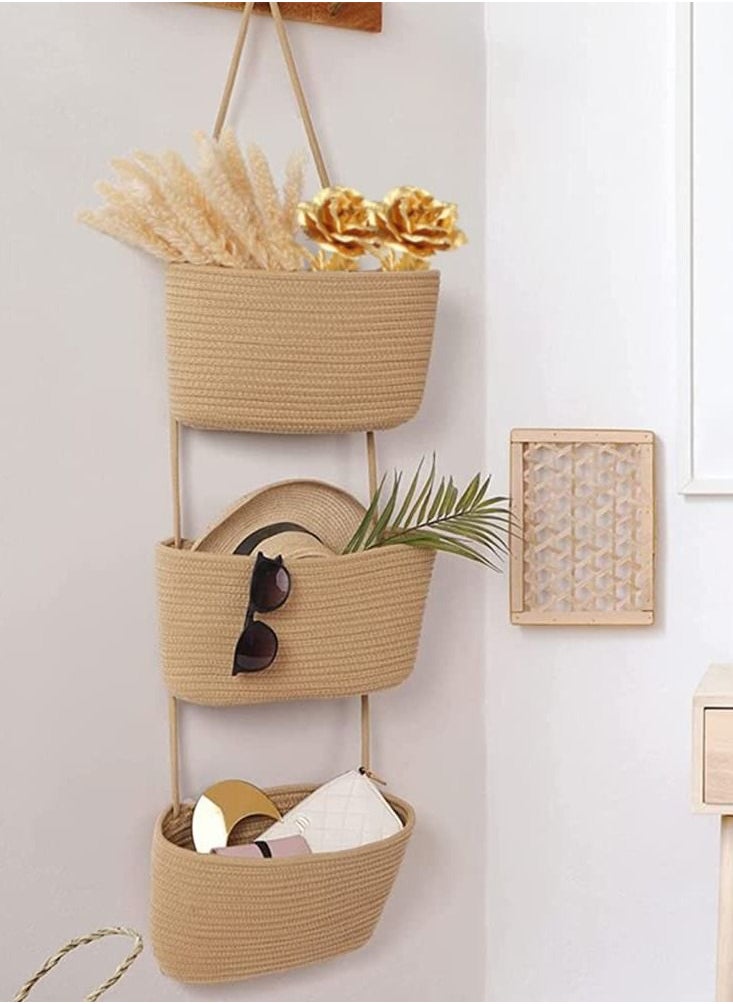 Y&D 3-Tier Woven Cotton Over the Door Hanging Basket, Decorative Wall-Mounted Storage Organizer Bag for Kitchen, Stylish and Functional Jute Baskets  - Image 5