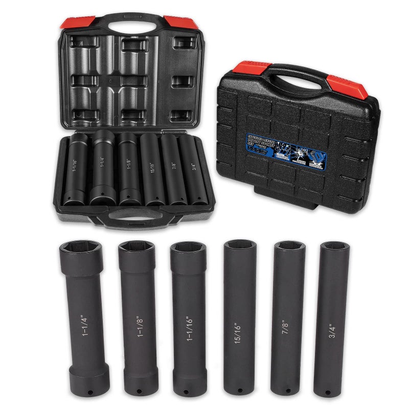 12 Inch Drive Extended Length Impact Socket Set 6 Sizes Hex Sizes 34 78 1516 1116 118 114ExtraDeep Length ExtraDeep Impact Set Heavy Duty with Case