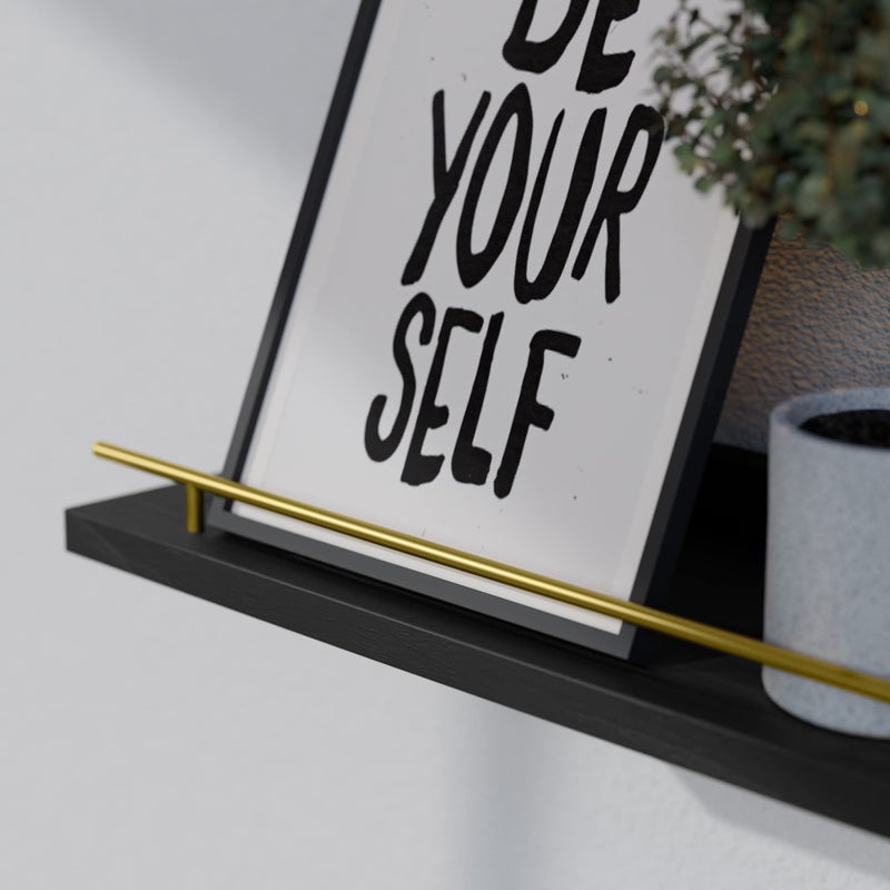 WOPITUES Floating Shelves with Gold Metal Guardrail, Shelves for Wall Decor Set of 3, Wall Shelves for Bedroom, Bathroom, Kitchen, Living Room, Plants, Picture Frames, Art- Black and Gold - Image 2