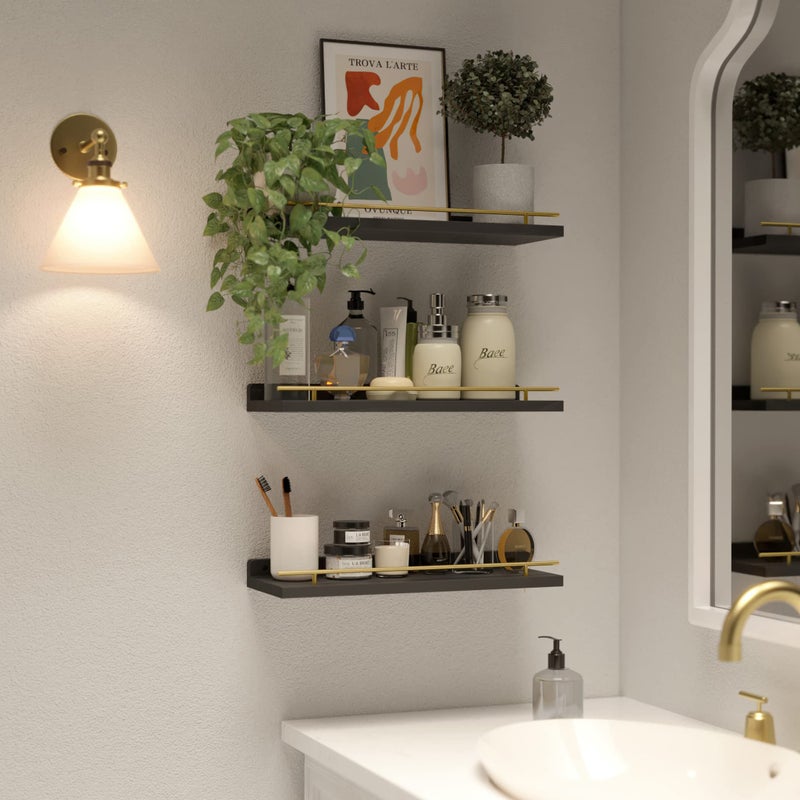 WOPITUES Floating Shelves with Gold Metal Guardrail, Shelves for Wall Decor Set of 3, Wall Shelves for Bedroom, Bathroom, Kitchen, Living Room, Plants, Picture Frames, Art- Black and Gold - Image 4