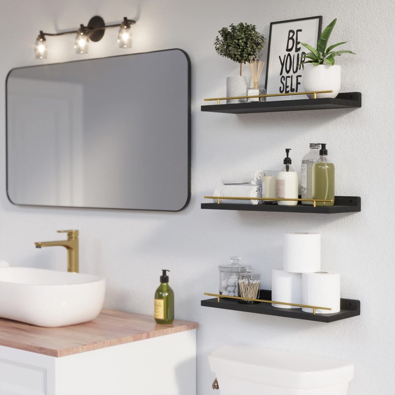 WOPITUES Floating Shelves with Gold Metal Guardrail, Shelves for Wall Decor Set of 3, Wall Shelves for Bedroom, Bathroom, Kitchen, Living Room, Plants, Picture Frames, Art- Black and Gold - Image 3