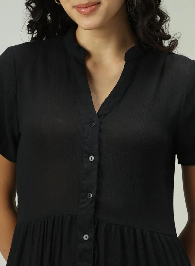 Outzidr  Black Button Down Tiered Midi Dress for Women | Best Price UAE
