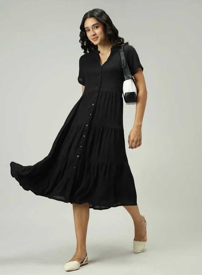Outzidr  Black Button Down Tiered Midi Dress for Women | Best Price UAE