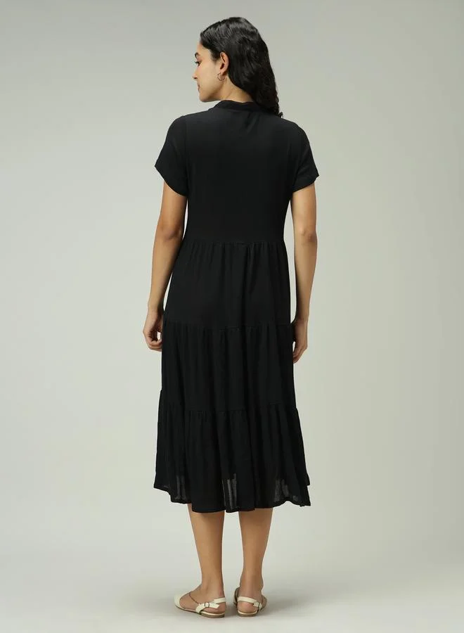 Outzidr  Black Button Down Tiered Midi Dress for Women | Best Price UAE