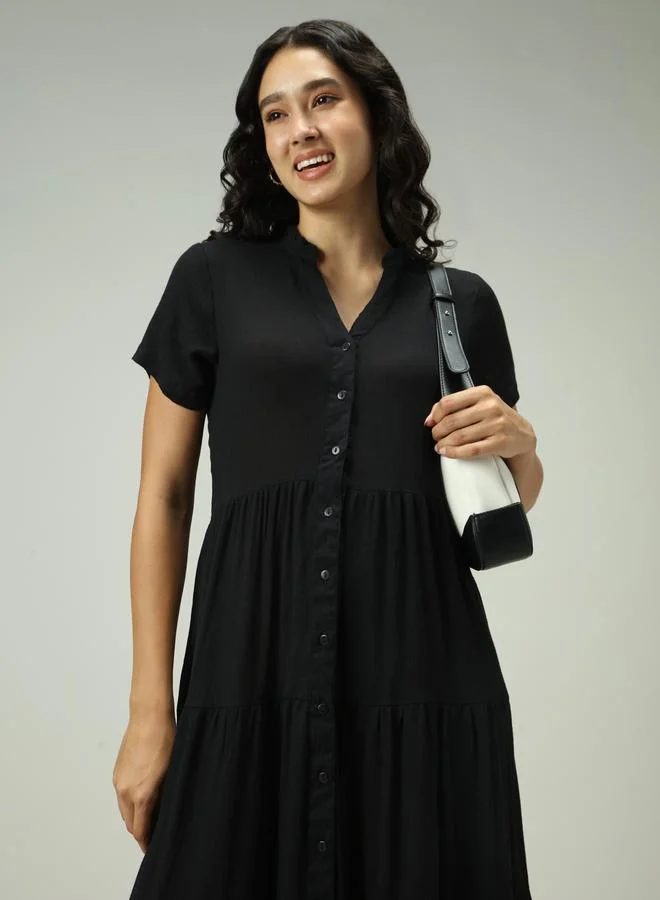 Outzidr  Black Button Down Tiered Midi Dress for Women | Best Price UAE