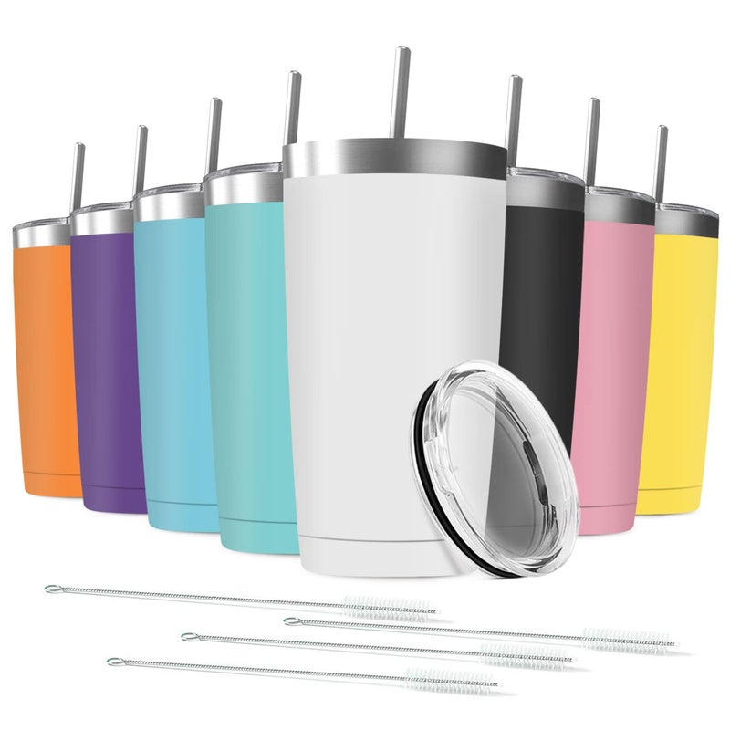 Deitybless 8 Pack 20 oz Stainless Steel Insulated Tumbler with Straw and Lid Double Wall Travel Coffee Mug Vacuum Insulated Bulk Tumbler Suitable for Vehicle Cup HoldersAssorted Colors