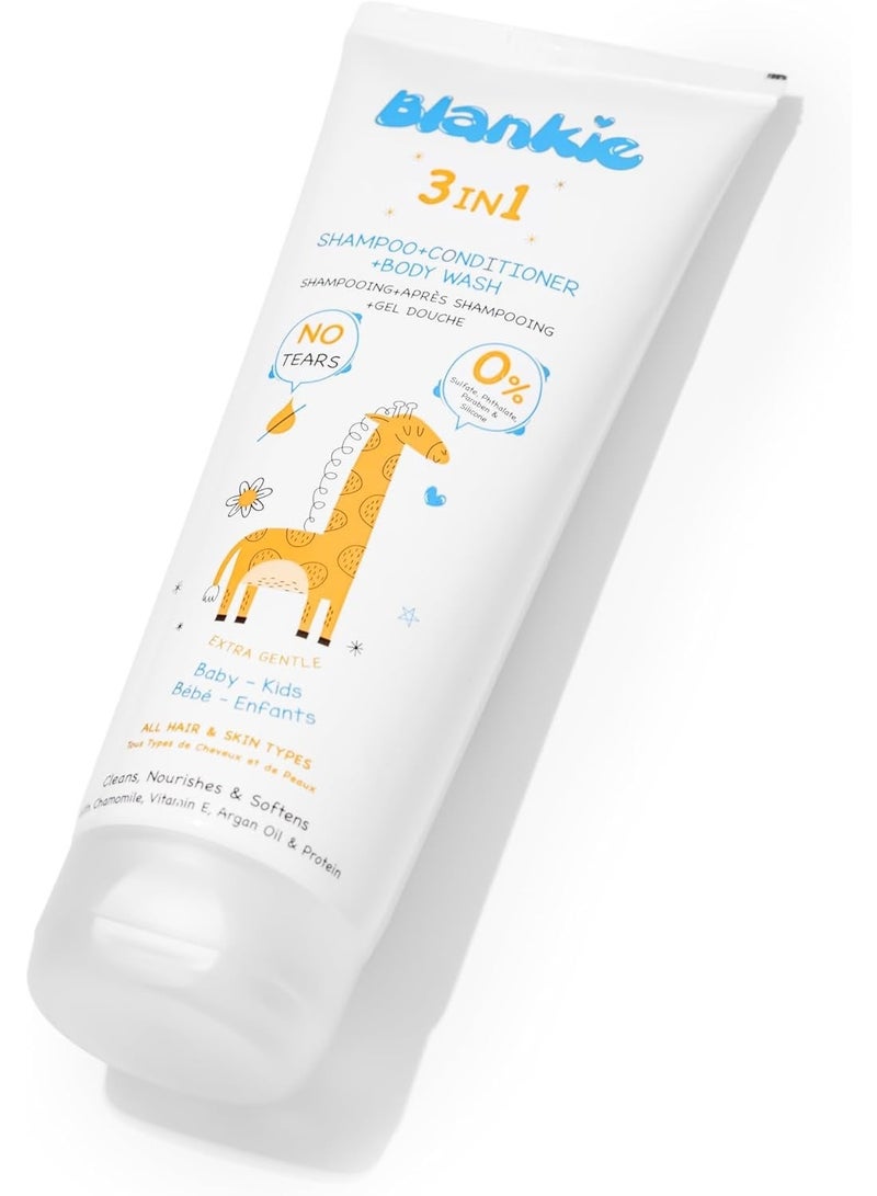 (بلانكي) شامبو + بلسم + غسول جسم للأطفال 3×1 – بتركيبة ناعمة غنية بالبابونج وزيت الأرجان – بدون دموع وخالي من السلفات والبارابين – 200 مل - Image 1