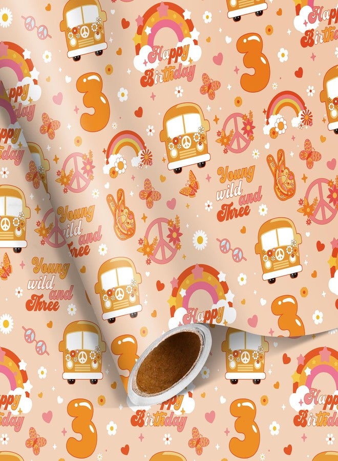 Pineraap Young Wild and Three Wrapping Paper Roll for Girls, Groovy Boho 3rd Birthday Gift Wrap with Rainbow Hippie Design for Kids Three Year Old Birthday Baby Shower Party Supplies, 17 In x 16.4 Ft - Image 1