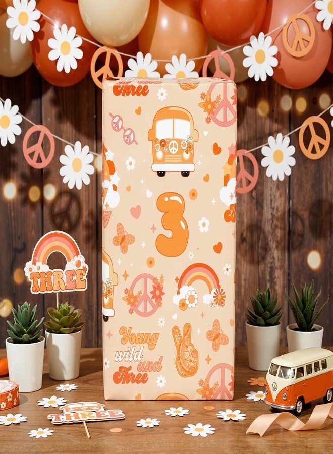 Pineraap Young Wild and Three Wrapping Paper Roll for Girls, Groovy Boho 3rd Birthday Gift Wrap with Rainbow Hippie Design for Kids Three Year Old Birthday Baby Shower Party Supplies, 17 In x 16.4 Ft - Image 2