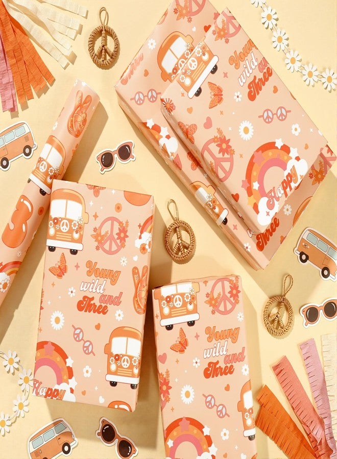 Pineraap Young Wild and Three Wrapping Paper Roll for Girls, Groovy Boho 3rd Birthday Gift Wrap with Rainbow Hippie Design for Kids Three Year Old Birthday Baby Shower Party Supplies, 17 In x 16.4 Ft - Image 5