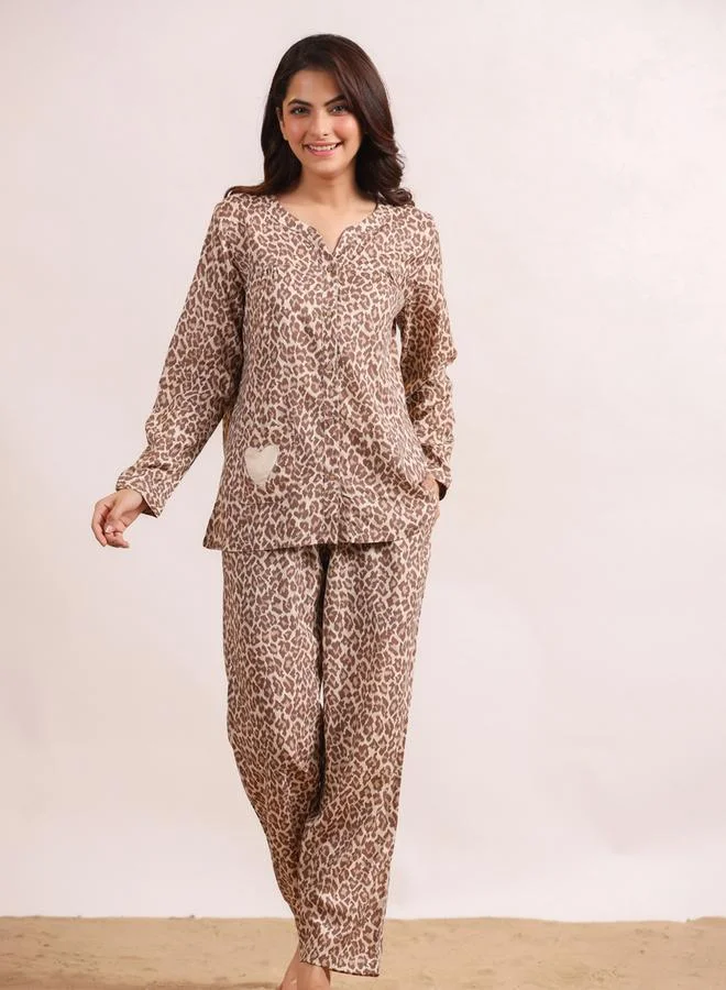 sanskrutihomes Beige Animal Print Viscose Rayon Shirt and Pyjama Set