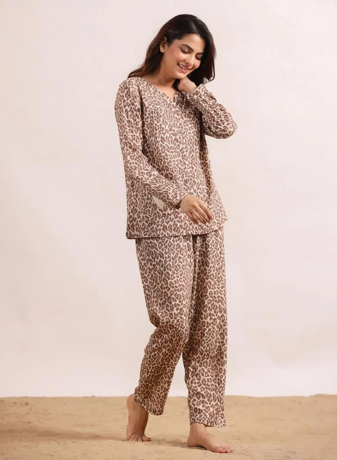 sanskrutihomes Beige Animal Print Viscose Rayon Shirt and Pyjama Set