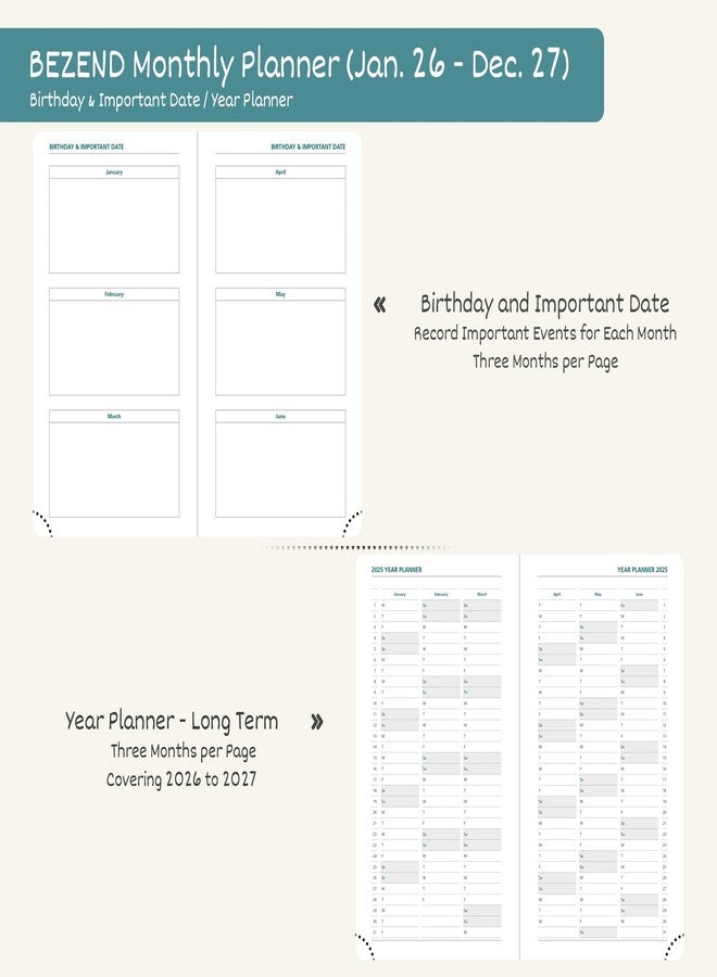 BEZEND 2 Year Month to View Pocket Diary 2026-2027 PU Leather Hardback, Slim Monthly Planner runs Jan’26 to Dec’27 with Back Pocket, 100 GSM Thick Paper - Small Size 16.5 x 9 cm, Kiwi - Image 4