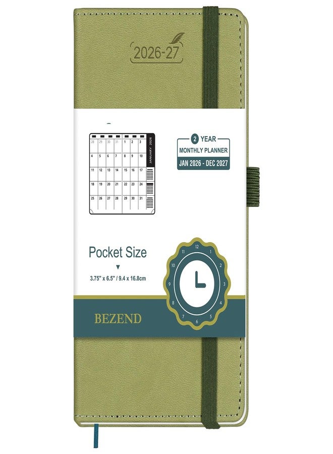 BEZEND 2 Year Month to View Pocket Diary 2026-2027 PU Leather Hardback, Slim Monthly Planner runs Jan’26 to Dec’27 with Back Pocket, 100 GSM Thick Paper - Small Size 16.5 x 9 cm, Kiwi - Image 1