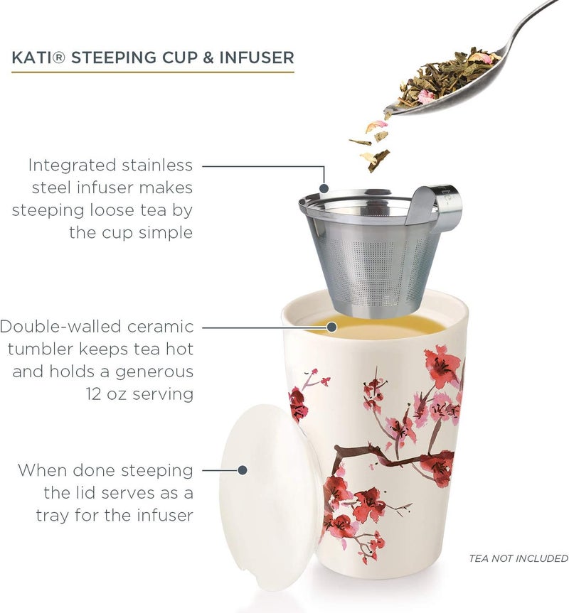 Tea Forte كوب كاتي سيراميك مزدوج الجدار، سلة مصفاة ستانلس ستيل قابلة للإزالة وغطاء، ينقع 12 أونصة من الشاي السائب، آمن في غسالة الصحون والميكروويف، زهر الكرز - Image 5