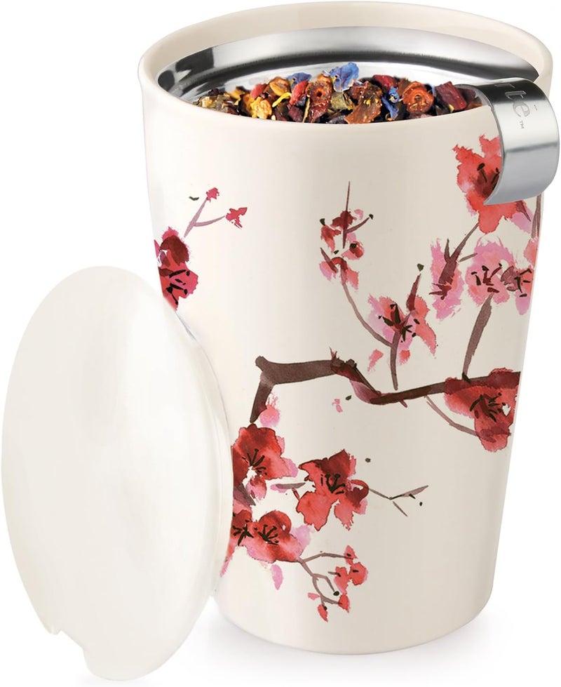 Tea Forte كوب كاتي سيراميك مزدوج الجدار، سلة مصفاة ستانلس ستيل قابلة للإزالة وغطاء، ينقع 12 أونصة من الشاي السائب، آمن في غسالة الصحون والميكروويف، زهر الكرز - Image 3