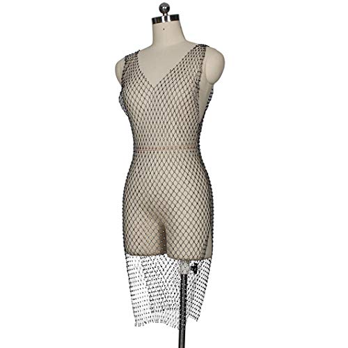 FlyCC Women Sexy See Through Mesh Beach Bikni Swimsuit Sleeveless Cover up Rhinestone Midi Dress Black - Image 5
