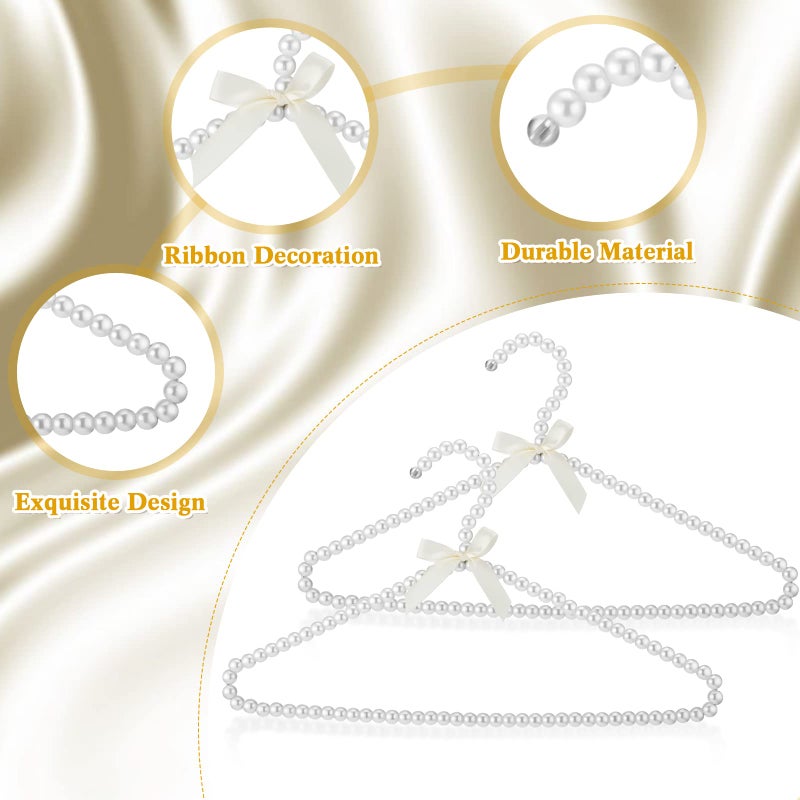Threan 10 Pcs 16 Inch Pearl Clothes Beaded Clothing Hanger with Ribbon Bowknot Metal Elegant Clothes Standard Hanger for Women Bride Wedding Dress Coat Shirt - Image 4