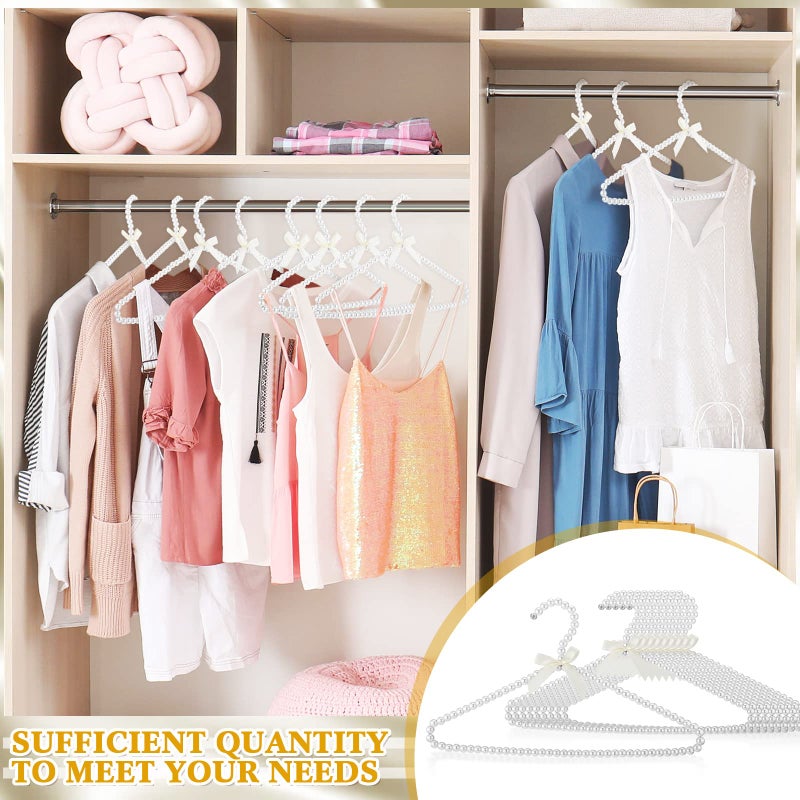 Threan 10 Pcs 16 Inch Pearl Clothes Beaded Clothing Hanger with Ribbon Bowknot Metal Elegant Clothes Standard Hanger for Women Bride Wedding Dress Coat Shirt - Image 3