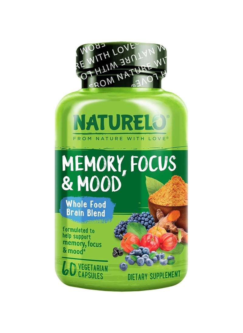 NATURELO الذاكرة والتركيز والمزاج، الغذاء الكامل، مزيج الدماغ الغذائي، 60 كبسولة نباتية  - Image 1