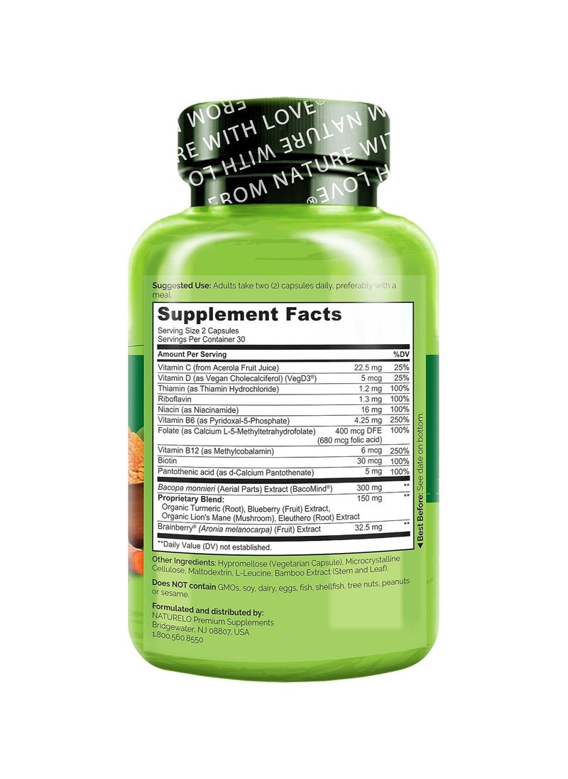 NATURELO الذاكرة والتركيز والمزاج، الغذاء الكامل، مزيج الدماغ الغذائي، 60 كبسولة نباتية  - Image 3