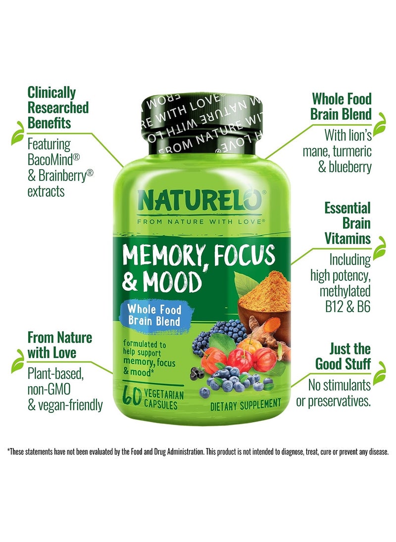 NATURELO الذاكرة والتركيز والمزاج، الغذاء الكامل، مزيج الدماغ الغذائي، 60 كبسولة نباتية  - Image 4