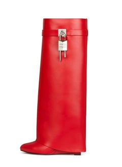 Loquat Women's Stylish Fold Over Knee High Boots Pointed Toe Wedge Heels Long Boots Red 
