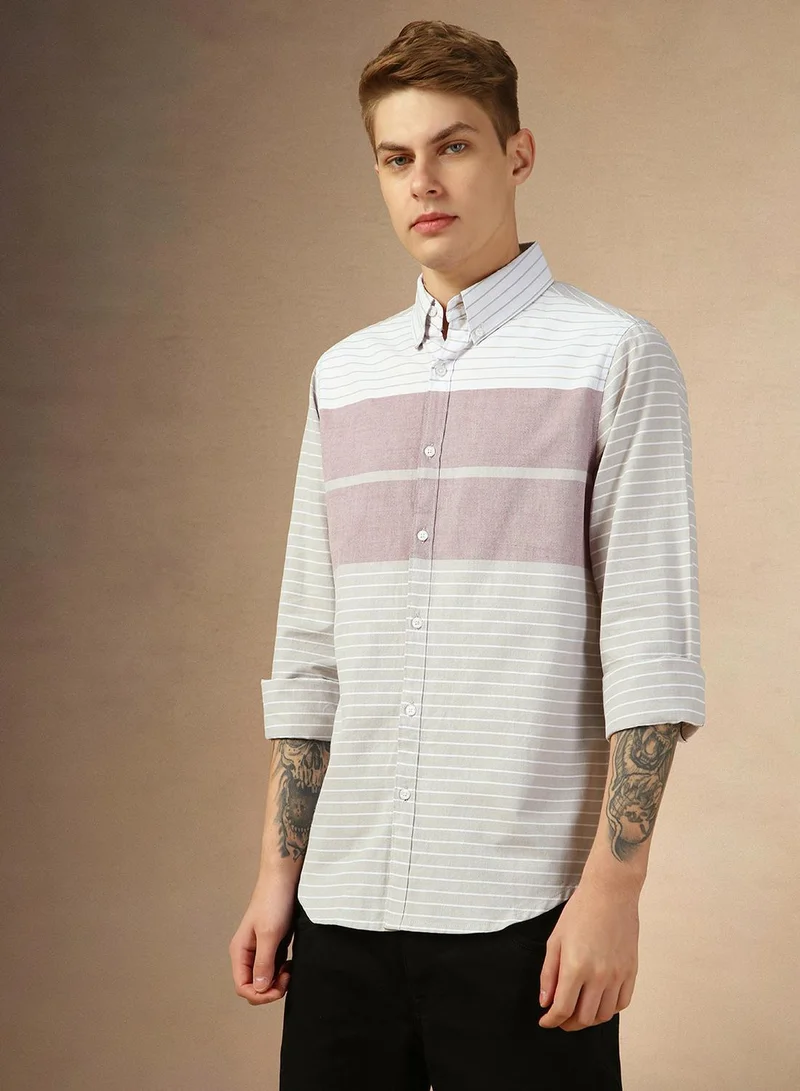 Dennis Lingo Men's Maroon 100% Cotton Striped Button Down Regular Fit Shirt