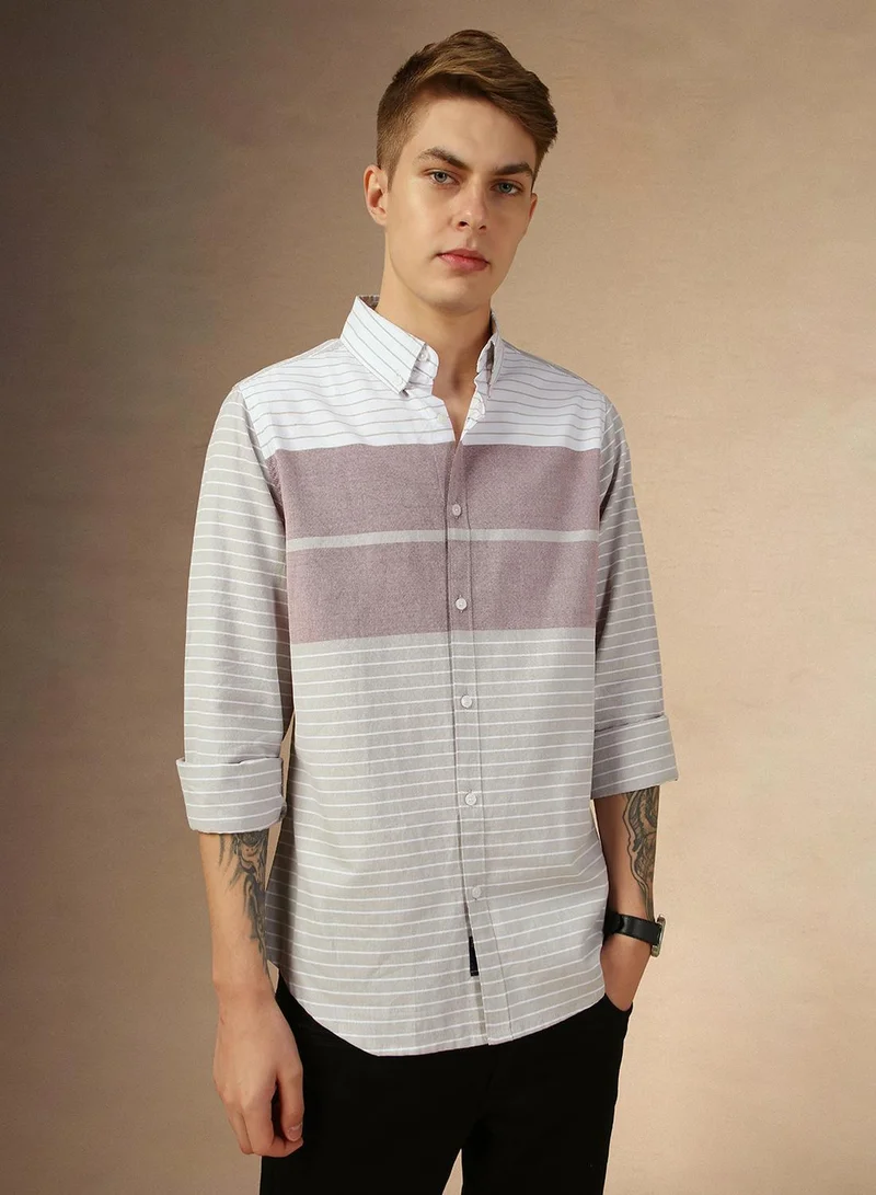 Dennis Lingo Men's Maroon 100% Cotton Striped Button Down Regular Fit Shirt
