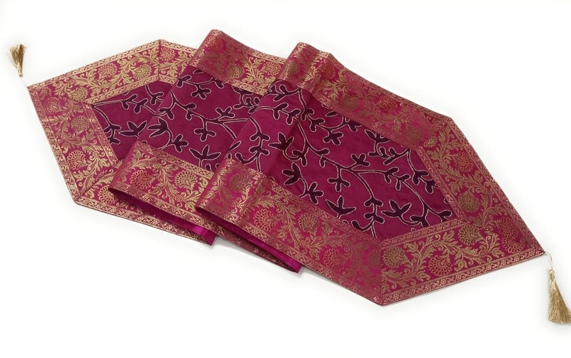 Colovila Silk Dining Table Runner with Golden Hand Embroidery Work 14 x 72 Inches for 46 Seater Dining Center Table Pink
