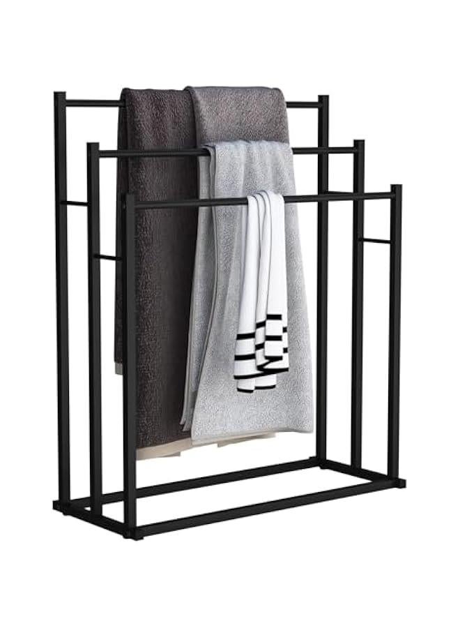 TRASSLE Towel Racks for Bathroom, 3 Tiers Black Metal Towel Rack Standing, Freestanding Towel Holder for Bathroom Accessories Organizer for Bath Storage & Hand Towels, Next to Tub or Shower - Image 1