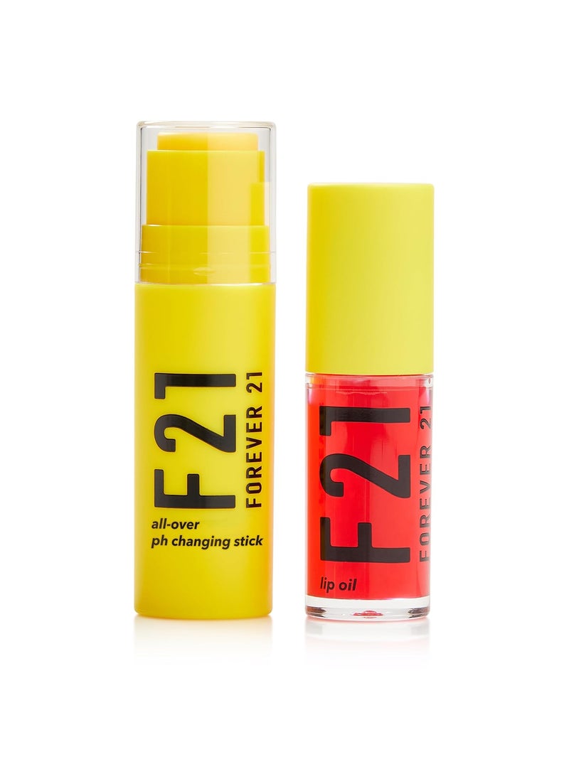 FOREVER 21 Forever 21 Beauty All Over pH Color Changing Blush Stick (Perfect Pink) + Lip Oil (Samba) Set, Multi-Use Makeup Stick for Face, Cheeks with Rosy Glow and Tinted, Hydrating Lip Oil in Natural Shade 