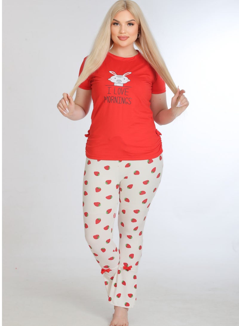 Women's Summer Pajama Set – Red T-shirt with Bunny Print and White Pants with Strawberry Pattern  - Image 1