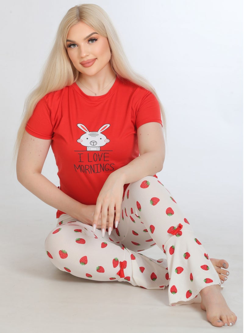 Women's Summer Pajama Set – Red T-shirt with Bunny Print and White Pants with Strawberry Pattern  - Image 2