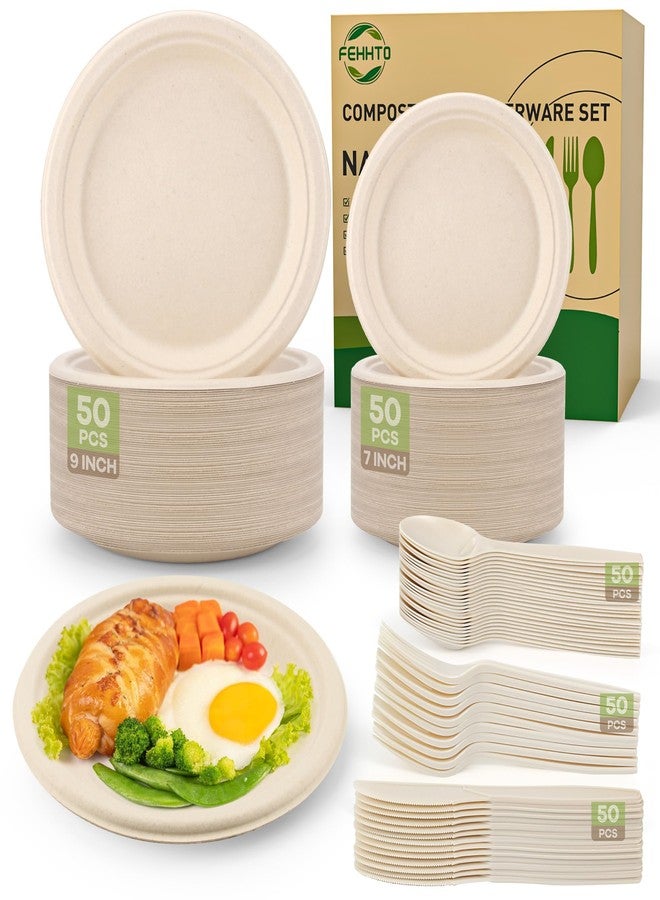 FEHHTO Compostable Paper Plates Set, 250PCS Disposable Heavy-Duty Sugarcane Plate and Eco-Friendly Utensil Biodegradable Dinnerware Plates, Extra Long Forks & Knives & Spoons for Party - Image 1