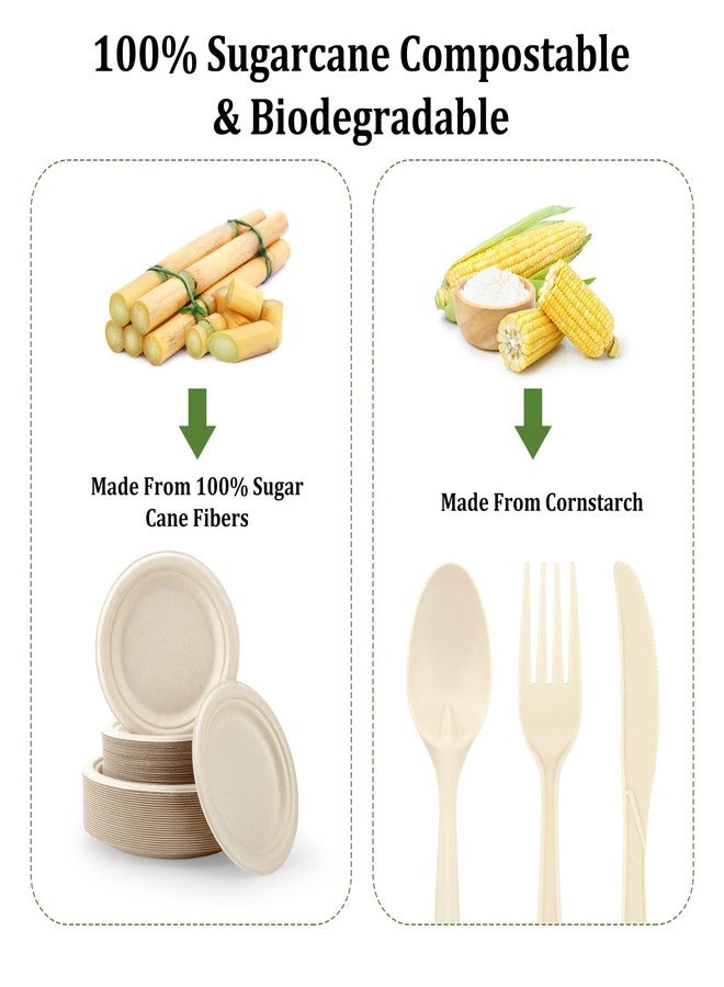 FEHHTO Compostable Paper Plates Set, 250PCS Disposable Heavy-Duty Sugarcane Plate and Eco-Friendly Utensil Biodegradable Dinnerware Plates, Extra Long Forks & Knives & Spoons for Party - Image 2