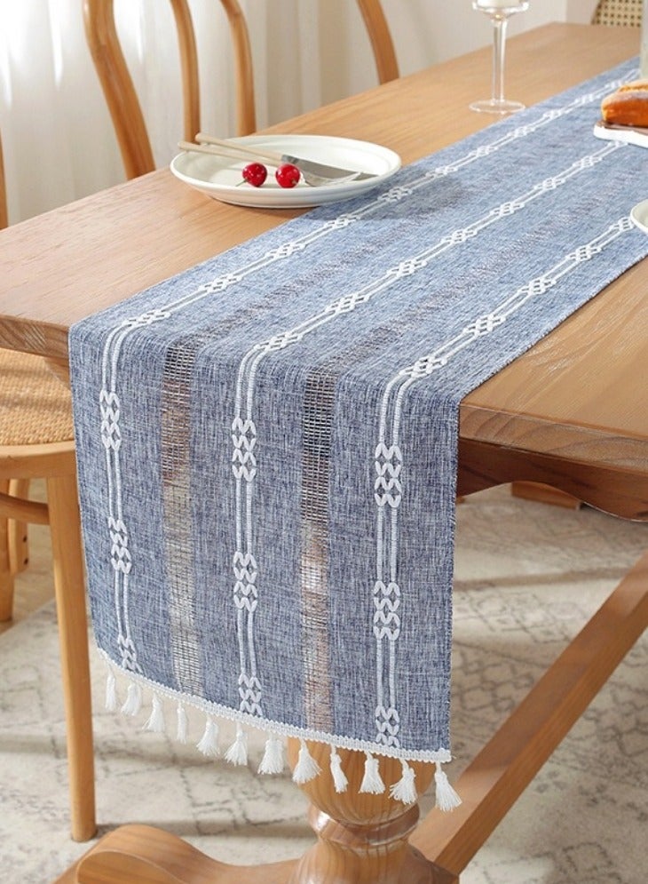 مفرش طاولة بوهو غباري مقاس 33×240 سم مع شرابات من الخيش، مفرش طاولة ريفي طويل لغرفة الطعام، مفرش طاولة لتزيين إعدادات الطاولة لحفلات الأعياد وحفلات الزفاف وديكورات الطعام، أزرق داكن 