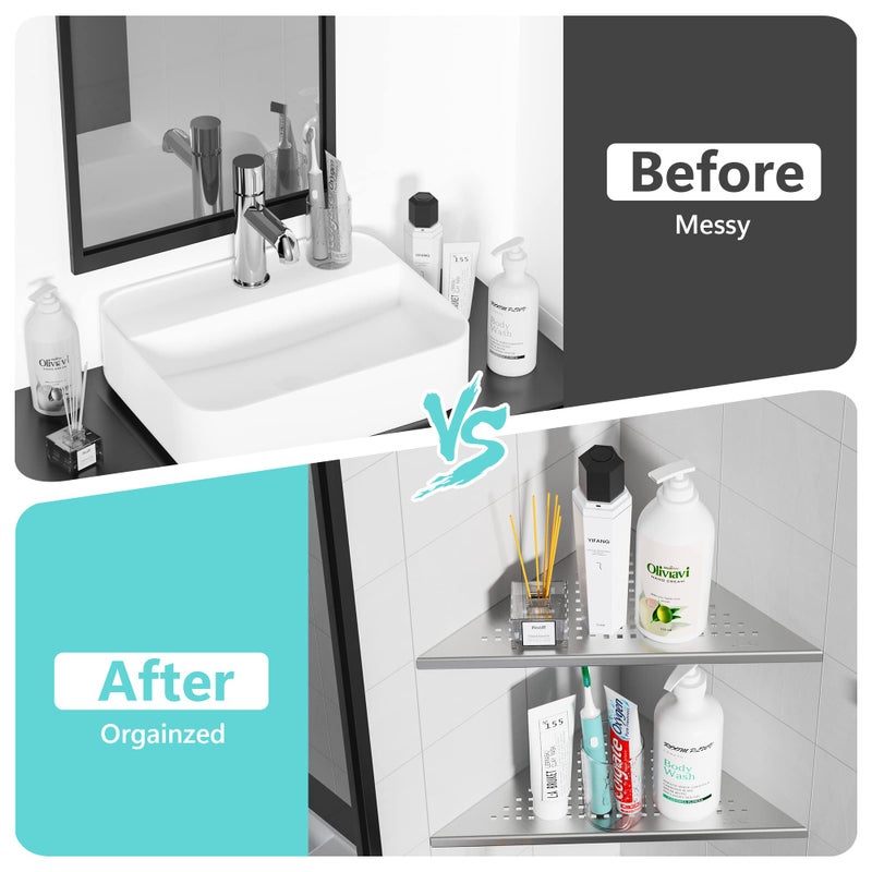Qeke 2 Pack Bathroom Corner Shelf  Recessed 10"" Shower Shelf Caddy  SUS304 Stainless Steel Shelf Wall Mount Triangular  No Drilling  Brushed Nickel - Image 5