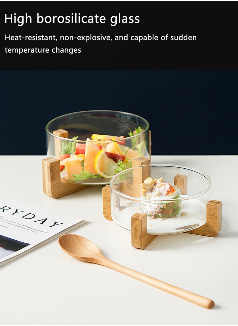 EzzySo Glass Salad Bowl with Wooden Rack Cereal Bowl Mixing Bowl Fruit Snack Serving Plate Side Plate Bowl Microwave Suitable for Appetizers Salads Candy Fruits  - Image 4