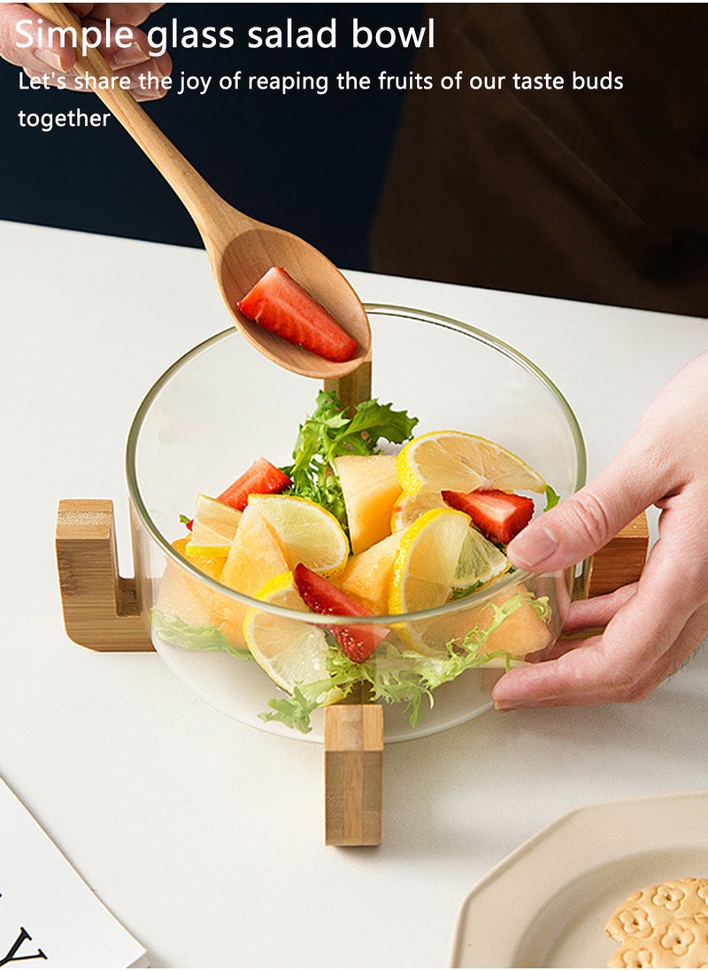 EzzySo Glass Salad Bowl with Wooden Rack Cereal Bowl Mixing Bowl Fruit Snack Serving Plate Side Plate Bowl Microwave Suitable for Appetizers Salads Candy Fruits  - Image 2