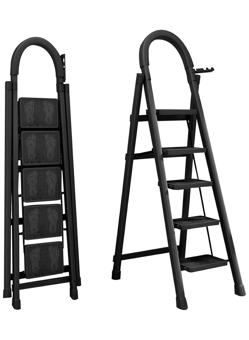 Huitich 5-Step Folding Ladder with Safety Lock & Tool Tray 150 cm Height, Black - Image 1