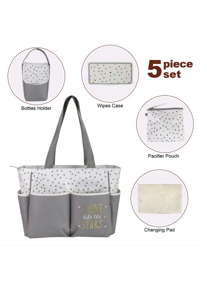 Baby Essentials Baby Essentials Diaper Bag Tote 5 Piece Set with Sun, Moon, and Stars, Wipes Pocket, Dirty Diaper Pouch, Changing Pad (Grey/Cream)  - Image 2