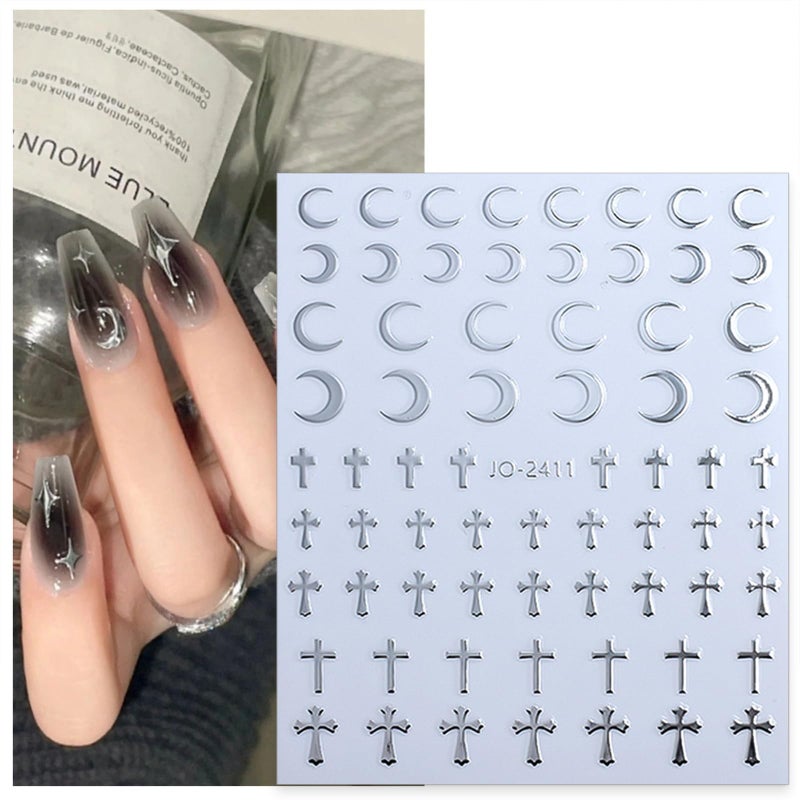 ROKHEVN 8 Sheets Silver Nail Art Stickers Decals Angel Wings Crosses Nail Stickers Sun Stars Moon Totem Design Nail Decals 3D Self-Adhesive Nail Stickers for Women Manicure Decoration - Image 2