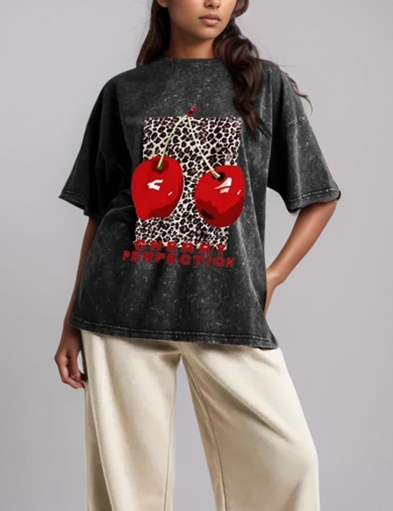 Yimoon Women's Oversized Graphic Tees Cherry Print Leopard T Shirts Vintage Washed Casual Streetwear Baggy Cotton Tops(Black-M) - Image 3