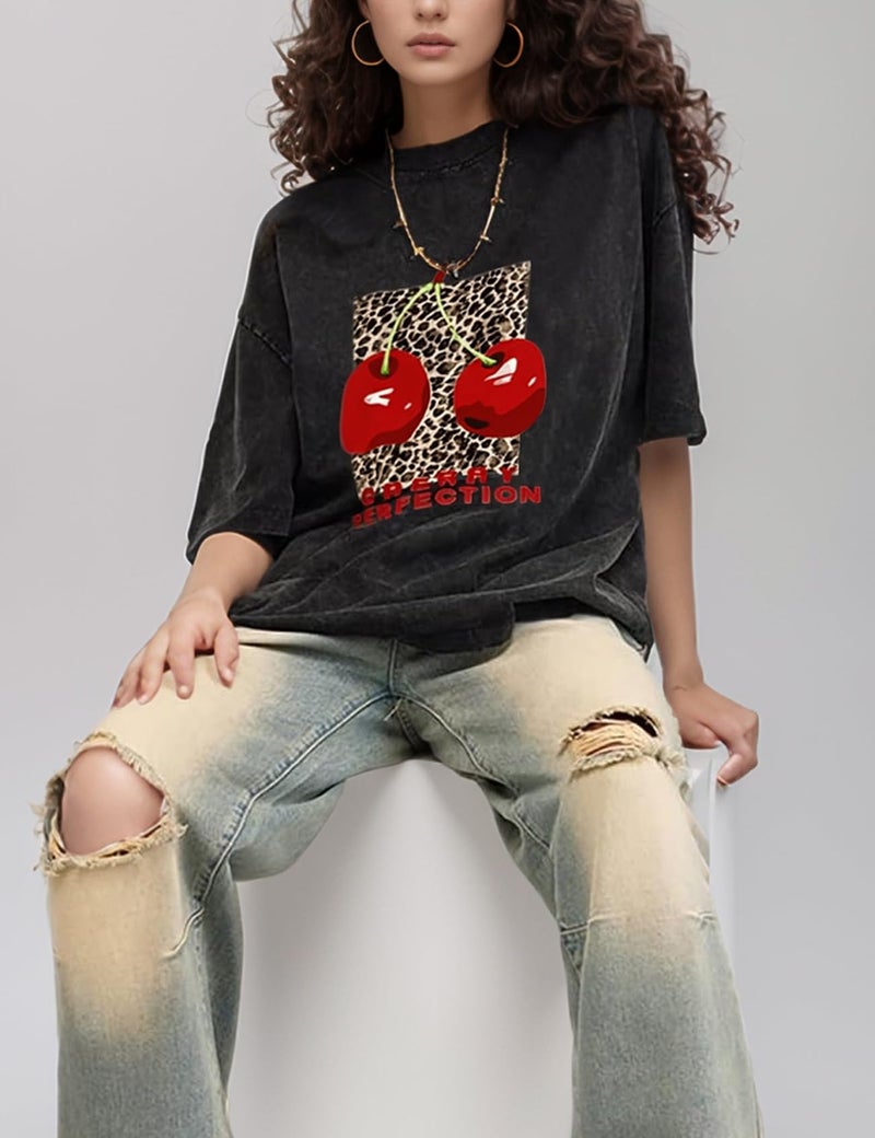 Yimoon Women's Oversized Graphic Tees Cherry Print Leopard T Shirts Vintage Washed Casual Streetwear Baggy Cotton Tops(Black-M) - Image 2