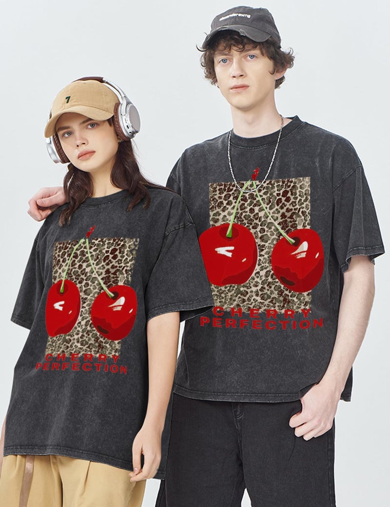 Yimoon Women's Oversized Graphic Tees Cherry Print Leopard T Shirts Vintage Washed Casual Streetwear Baggy Cotton Tops(Black-M) - Image 5