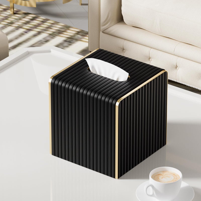 LADSTAG Tissue Box Cover,Black Square Luxury PU Leather Tissue Holder with Gold-Tone Edging Accents,Tissue Box Cover for Bathroom Toilet Bedroom Living Room Table Desk Office,Coffee Table Decor - Image 5