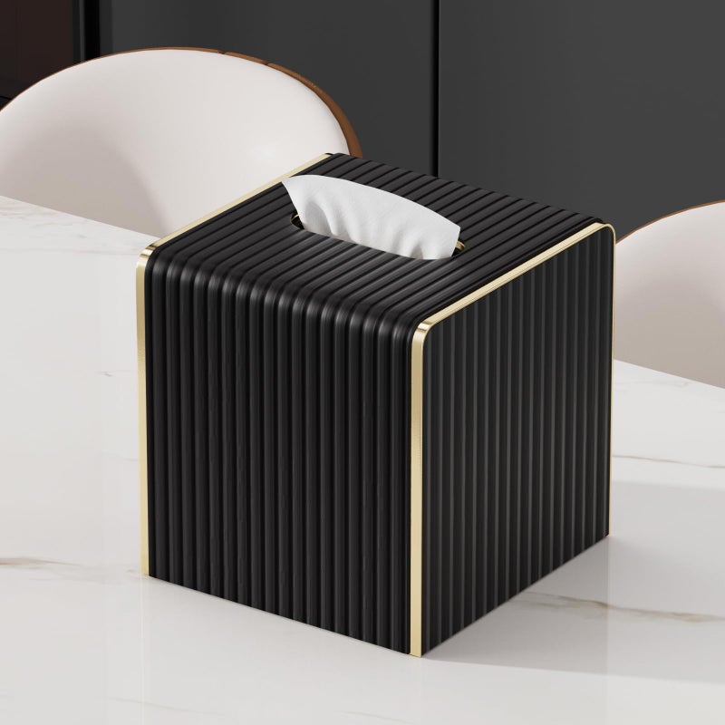 LADSTAG Tissue Box Cover,Black Square Luxury PU Leather Tissue Holder with Gold-Tone Edging Accents,Tissue Box Cover for Bathroom Toilet Bedroom Living Room Table Desk Office,Coffee Table Decor - Image 4
