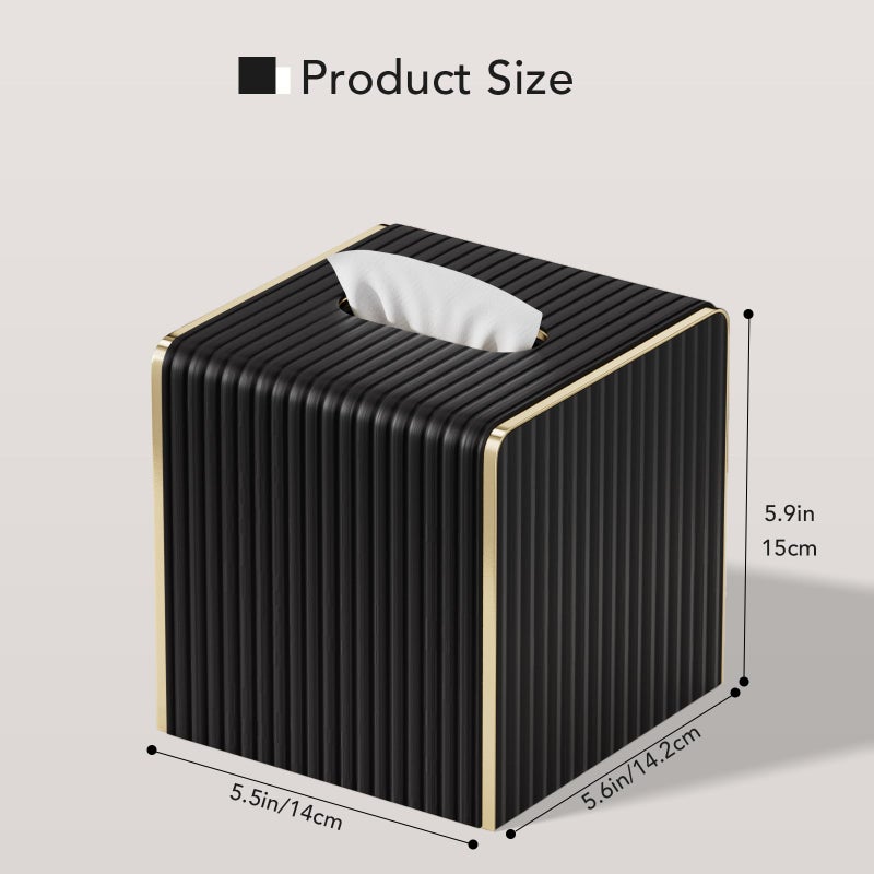 LADSTAG Tissue Box Cover,Black Square Luxury PU Leather Tissue Holder with Gold-Tone Edging Accents,Tissue Box Cover for Bathroom Toilet Bedroom Living Room Table Desk Office,Coffee Table Decor - Image 3